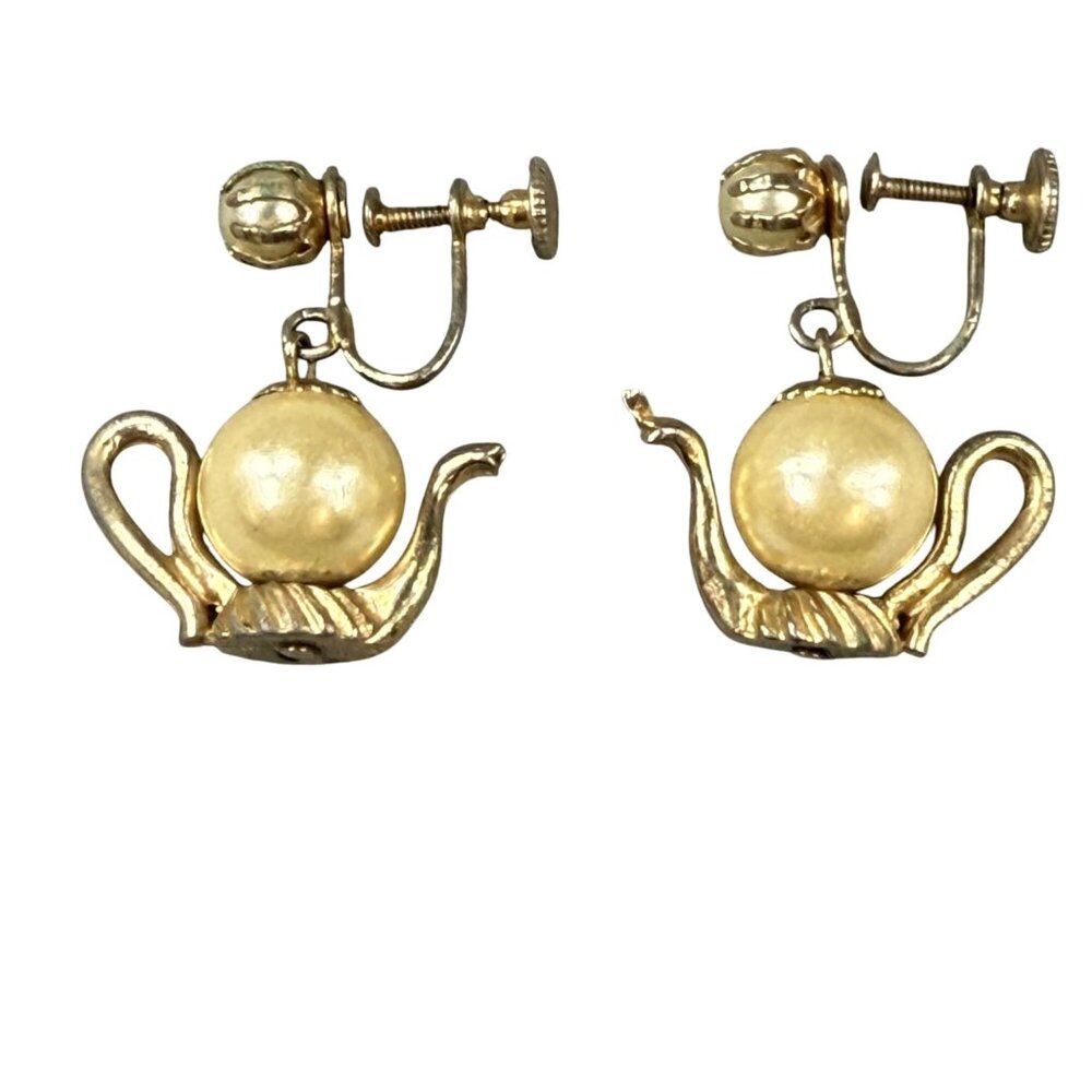 Vintage Gold-Toned Screw-Back Earrings With Teapot Design & Faux Pearl Accent